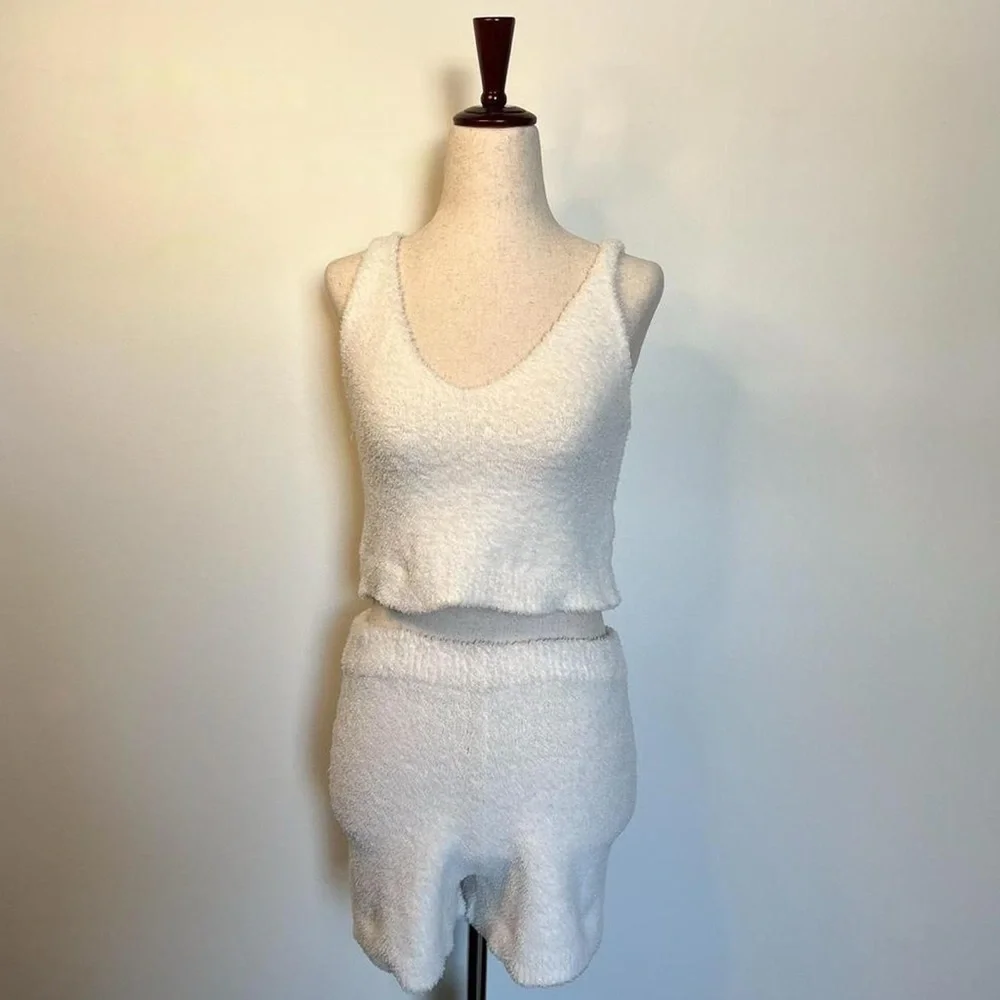 Cream fuzzy matching set cropped tank top and shorts size small